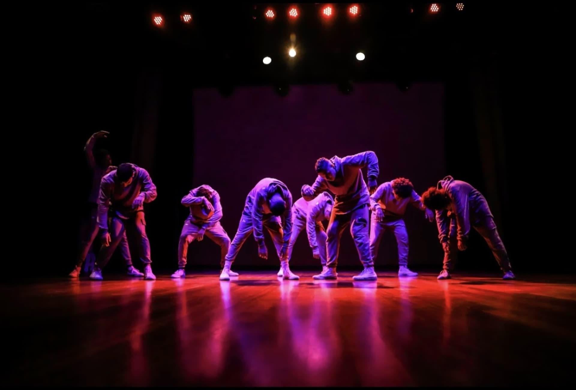 The Vibez crew performing on stage under purple lights